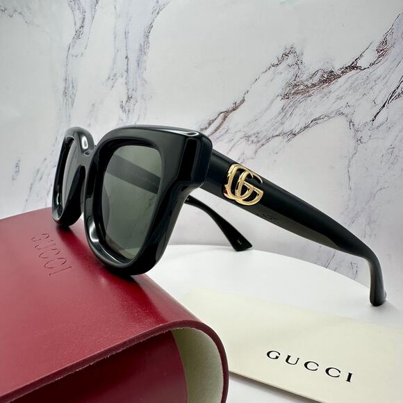 New GUCCI Sunglasses Black Acetate Square Gold Metal 49mm - Picture 5 of 16